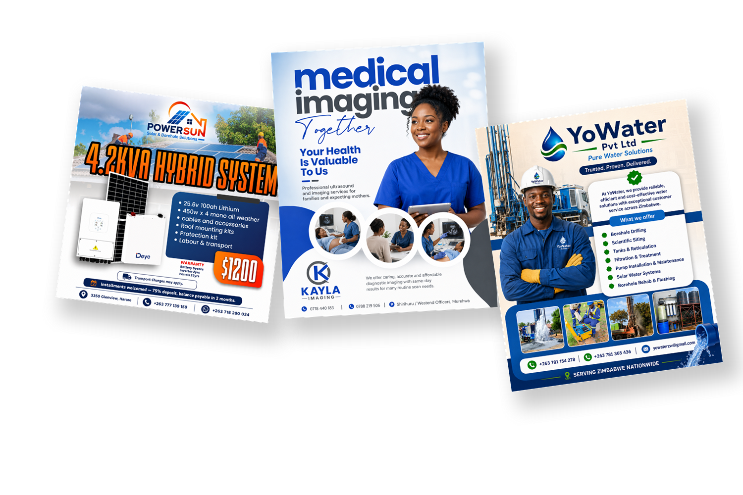 Three genuine campaign designs arranged as coordinated advertising sheets