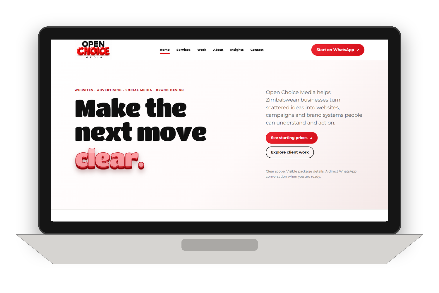 Laptop displaying a responsive Open Choice business website